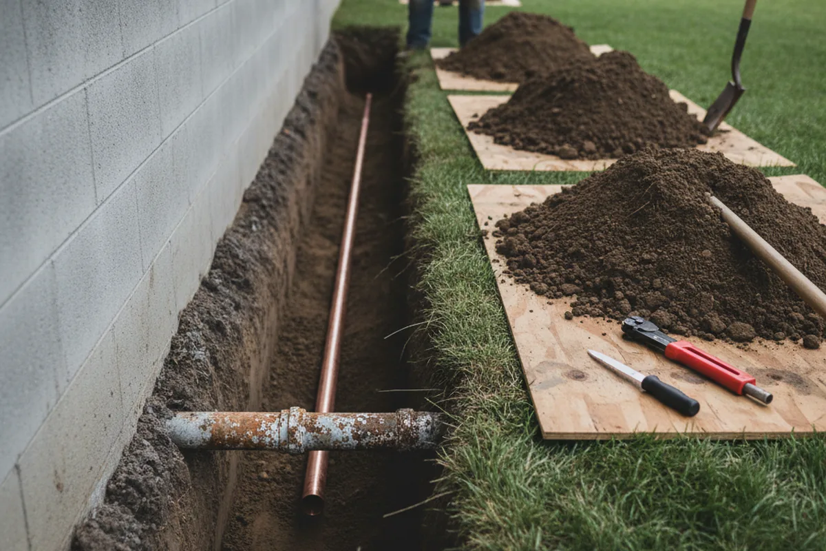 Excavated water line trench during Water Softener Installation in Camanche